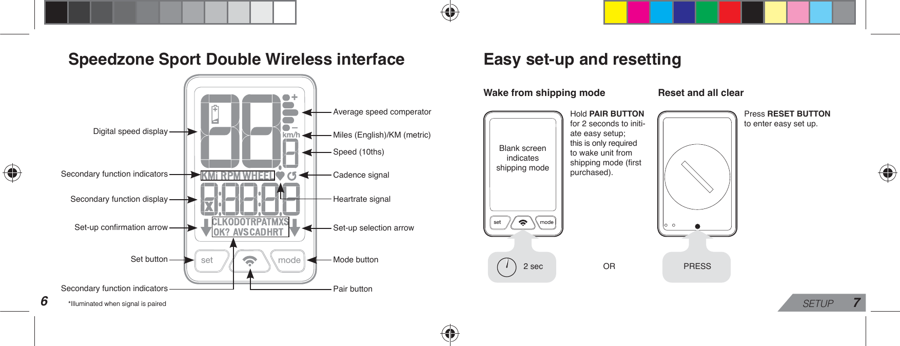 6SETUP 7Speedzone Sport Double Wireless interfaceHold PAIR BUTTON for 2 seconds to initi-ate easy setup;  this is only required  WRZDNHXQLWIURPVKLSSLQJPRGHÀUVWpurchased). Wake from shipping mode Reset and all clearPress RESET BUTTON to enter easy set up. Blank screen indicates     shipping modeEasy set-up and resettingAverage speed comperatorDigital speed displaySecondary function displaySecondary function indicatorsSecondary function indicators6HWXSFRQÀUPDWLRQDUURZSet button*Illuminated when signal is pairedMiles (English)/KM (metric)Speed (10ths)Cadence signalHeartrate signal6HWXSVHOHFWLRQDUURZMode buttonPair button2 sec OR PRESS