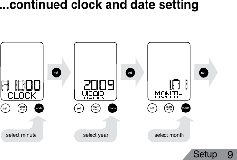 Setup 9...continued clock and date settingselect minute select year select month