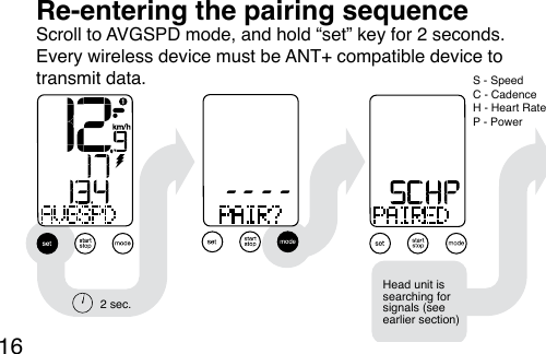 16Re-entering the pairing sequenceScroll to AVGSPD mode, and hold “set” key for 2 seconds. Every wireless device must be ANT+ compatible device to transmit data.2 sec.Head unit issearching forsignals (seeearlier section)S - SpeedC - CadenceH - Heart RateP - Power
