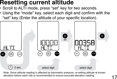17• Scroll to ALTI mode, press “set” key for two seconds. • Using the “mode” key, select each digit and conrm with the “set” key (Enter the altitude of your specic location).Resetting current altitudeNote: Since altitude reading is affected by barometric pressure, re-setting altitude at known elevation before each ride is recommended to ensure accurate elevation reading.select digit select digit2 sec.x4