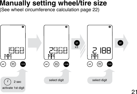 21(See wheel circumference calculation page 22)Manually setting wheel/tire sizeselect digit select digitactivate 1st digit2 secx3