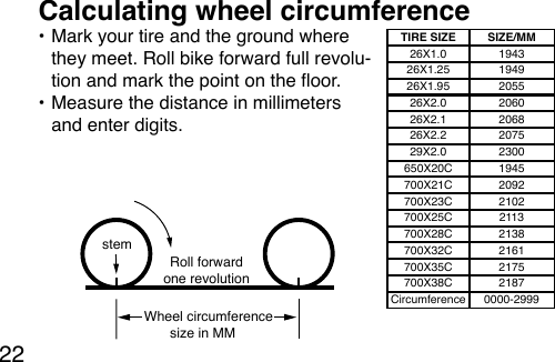 22• Mark your tire and the ground where they meet. Roll bike forward full revolu-tion and mark the point on the oor.• Measure the distance in millimeters and enter digits.Calculating wheel circumference   stem   Wheel circumferencesize in MMRoll forwardone revolutionTIRE SIZE SIZE/MM26X1.0 194326X1.25 194926X1.95 205526X2.0 206026X2.1 206826X2.2 207529X2.0 2300650X20C 1945700X21C 2092700X23C 2102700X25C 2113700X28C 2138700X32C 2161700X35C 2175700X38C 2187Circumference 0000-2999