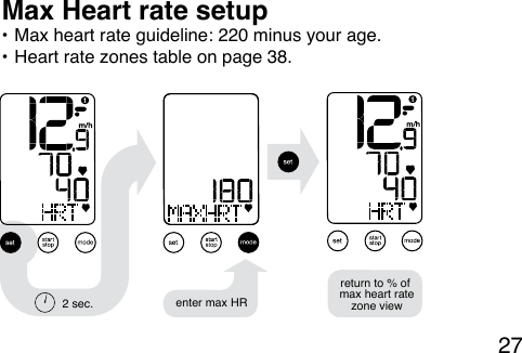 27• Max heart rate guideline: 220 minus your age. • Heart rate zones table on page 38.Max Heart rate setup 2 sec. enter max HRreturn to % of max heart ratezone view