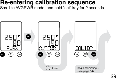 29Scroll to AVGPWR mode, and hold “set” key for 2 secondsRe-entering calibration sequence2 sec. begin calibrating...(see page 14)