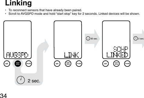 34Linking•  To reconnect sensors that have already been paired.•  Scroll to AVGSPD mode and hold “start stop” key for 2 seconds. Linked devices will be shown.2 sec.30 sec. 2 sec.