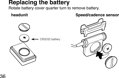 36Rotate battery cover quarter turn to remove battery.Replacing the batteryCR2032 batteryheadunit Speed/cadence sensor