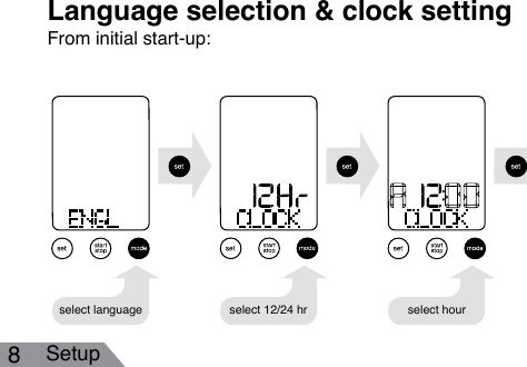 8SetupFrom initial start-up:Language selection &amp; clock settingselect language select 12/24 hr select hour