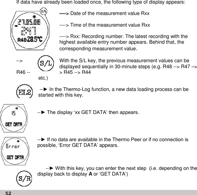 52If data have already been loaded once, the following type of display appears:----&gt; Date of the measurement value Rxx----&gt; Time of the measurement value Rxx----&gt; Rxx: Recording number. The latest recording with thehighest available entry number appears. Behind that, thecorresponding measurement value.--&gt; With the S/L key, the previous measurement values can bedisplayed sequentially in 30-minute steps (e.g. R48 --&gt; R47 –&gt;R46 -- &gt; R45 --&gt; R44etc.)--► In the Thermo-Log function, a new data loading process can bestarted with this key.--► The display ‘xx GET DATA’ then appears.--► If no data are available in the Thermo Peer or if no connection is possible, ‘Error GET DATA’ appears.--► With this key, you can enter the next step  (i.e. depending on the display back to display Aor ‘GET DATA’)