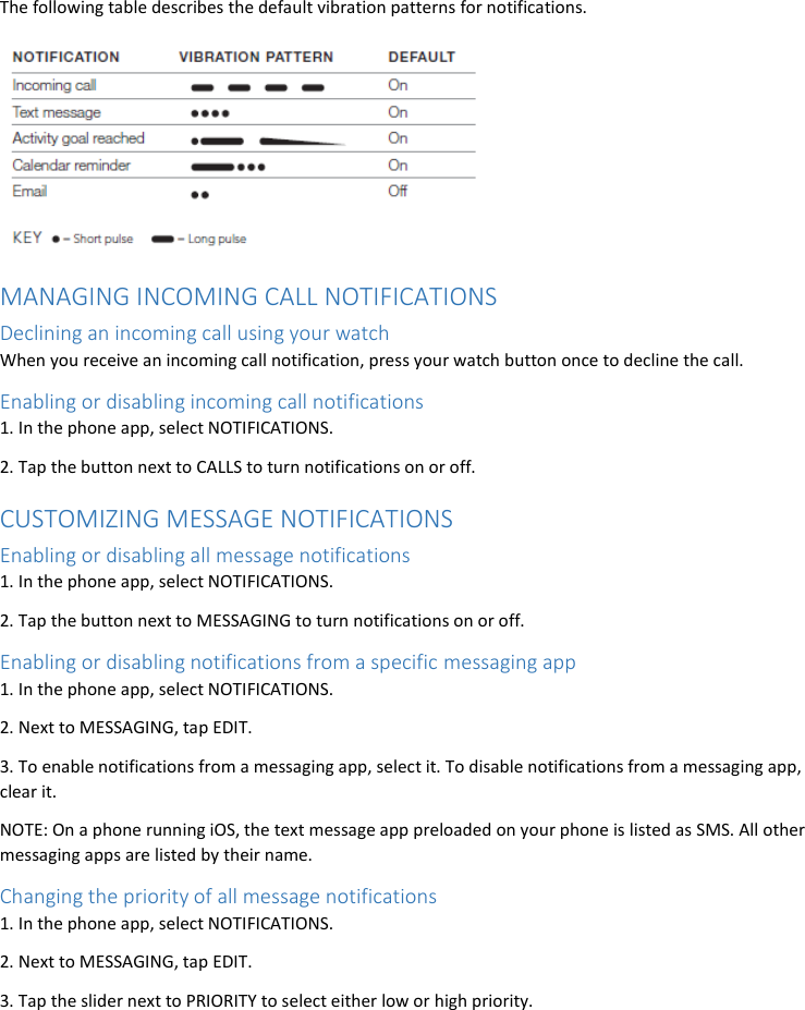 The following table describes the default vibration patterns for notifications.  MANAGING INCOMING CALL NOTIFICATIONS Declining an incoming call using your watch When you receive an incoming call notification, press your watch button once to decline the call. Enabling or disabling incoming call notifications 1. In the phone app, select NOTIFICATIONS. 2. Tap the button next to CALLS to turn notifications on or off. CUSTOMIZING MESSAGE NOTIFICATIONS Enabling or disabling all message notifications 1. In the phone app, select NOTIFICATIONS. 2. Tap the button next to MESSAGING to turn notifications on or off. Enabling or disabling notifications from a specific messaging app 1. In the phone app, select NOTIFICATIONS. 2. Next to MESSAGING, tap EDIT. 3. To enable notifications from a messaging app, select it. To disable notifications from a messaging app, clear it. NOTE: On a phone running iOS, the text message app preloaded on your phone is listed as SMS. All other messaging apps are listed by their name. Changing the priority of all message notifications 1. In the phone app, select NOTIFICATIONS. 2. Next to MESSAGING, tap EDIT. 3. Tap the slider next to PRIORITY to select either low or high priority. 