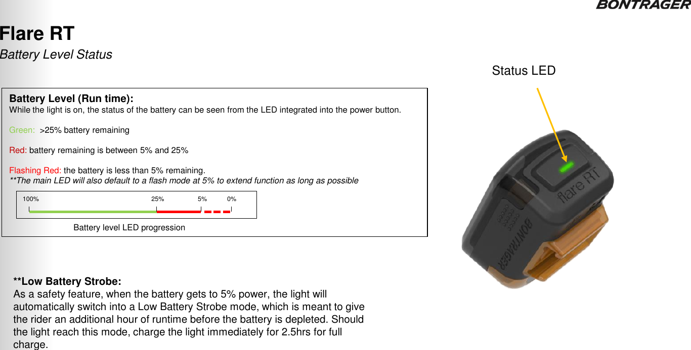 Flare RT Battery Level (Run time): While the light is on, the status of the battery can be seen from the LED integrated into the power button.  Green:  &gt;25% battery remaining  Red: battery remaining is between 5% and 25%  Flashing Red: the battery is less than 5% remaining. **The main LED will also default to a flash mode at 5% to extend function as long as possible     Battery level LED progression 100% 25% 5%  0% Battery Level Status Status LED **Low Battery Strobe: As a safety feature, when the battery gets to 5% power, the light will automatically switch into a Low Battery Strobe mode, which is meant to give the rider an additional hour of runtime before the battery is depleted. Should the light reach this mode, charge the light immediately for 2.5hrs for full charge. 25 TRANSMITR REMOTE User Guide 