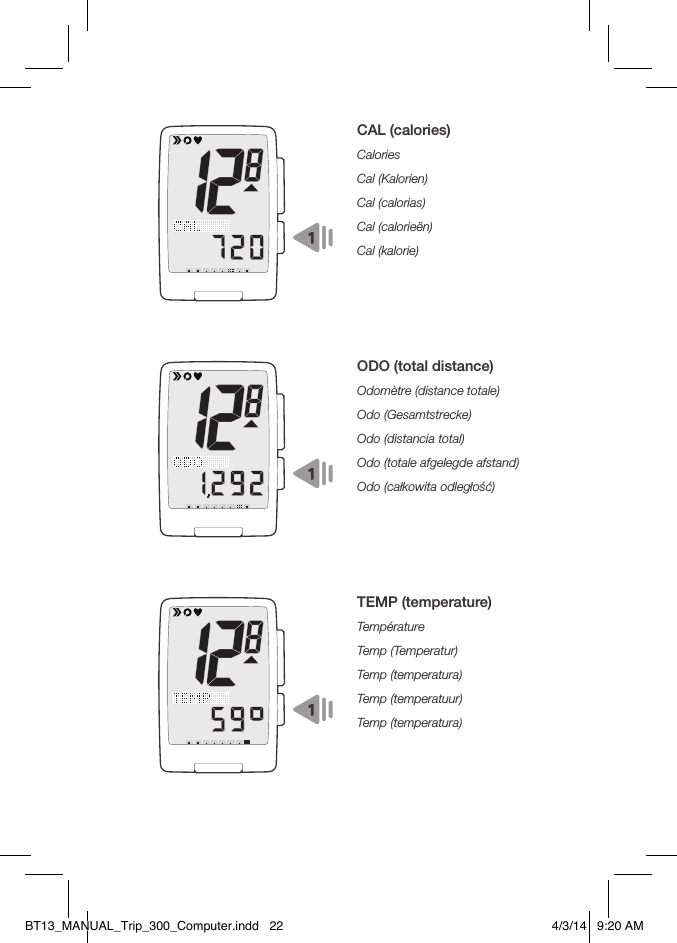 CAL (calories)CaloriesCal (Kalorien)Cal (calorias)Cal (calorieën)Cal (kalorie)ODO (total distance)Odomètre (distance totale)Odo (Gesamtstrecke)Odo (distancia total)Odo (totale afgelegde afstand)Odo (całkowita odległość)TEMP (temperature)TempératureTemp (Temperatur)Temp (temperatura)Temp (temperatuur)Temp (temperatura)BT13_MANUAL_Trip_300_Computer.indd   22 4/3/14   9:20 AM