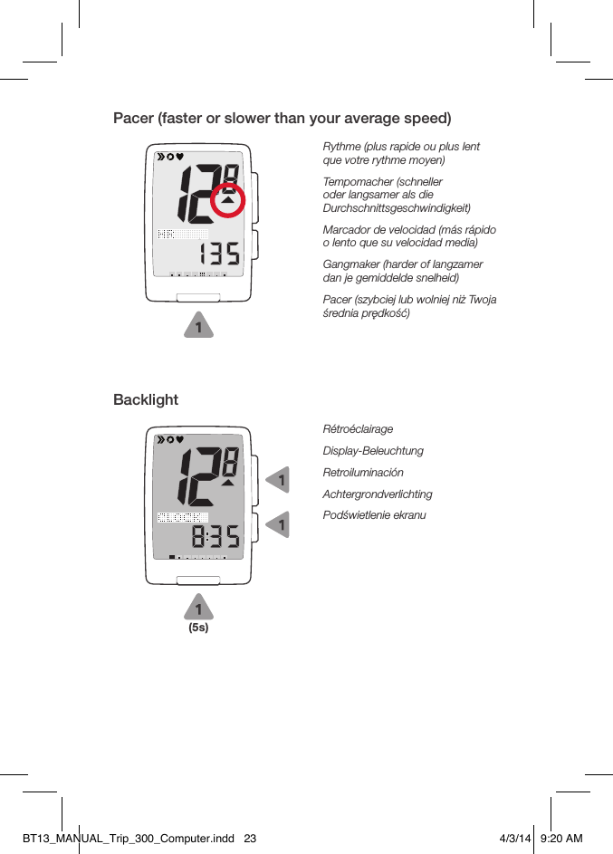 BacklightRétroéclairageDisplay-BeleuchtungRetroiluminaciónAchtergrondverlichtingPodświetlenie ekranuPacer (faster or slower than your average speed)Rythme (plus rapide ou plus lent que votre rythme moyen)Tempomacher (schneller oder langsamer als die Durchschnittsgeschwindigkeit)Marcador de velocidad (más rápido o lento que su velocidad media)Gangmaker (harder of langzamer dan je gemiddelde snelheid)Pacer (szybciej lub wolniej niż Twoja średnia prędkość)(5s)BT13_MANUAL_Trip_300_Computer.indd   23 4/3/14   9:20 AM