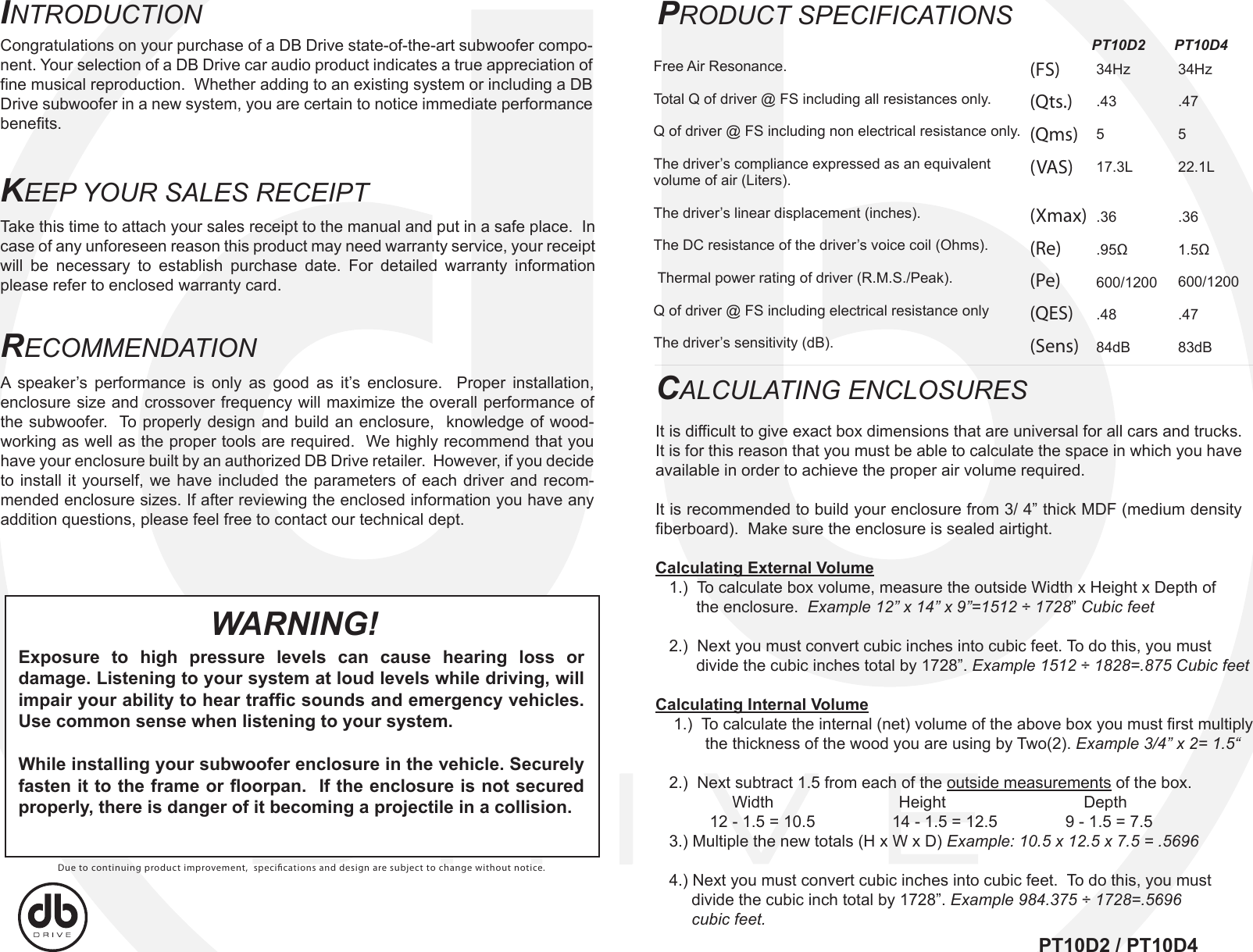 Page 2 of 2 - Db-Drive Db-Drive-Platinum-Series-Subwoofers-Pt10D2-D4-Users-Manual- CoverPT10D2_D4  Db-drive-platinum-series-subwoofers-pt10d2-d4-users-manual