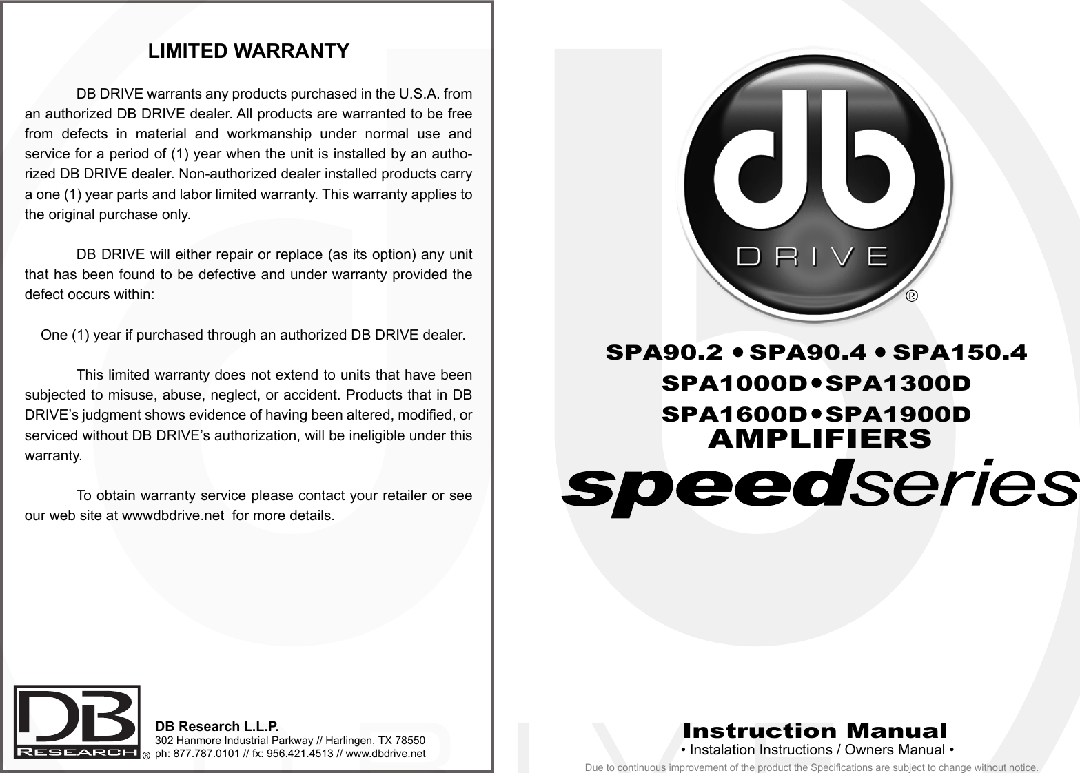 Db Drive Speed Series Amplifier Spa Spa1000D Users Manual DB_E11 12