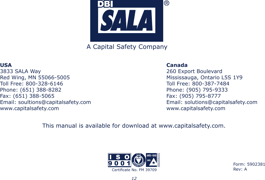 Page 12 of 12 - Dbi-Sala Dbi-Sala-Dbi-Sala-Water-Dispenser-2100090-Users-Manual- IFU_5902381_Concrete_Anchor  Dbi-sala-dbi-sala-water-dispenser-2100090-users-manual