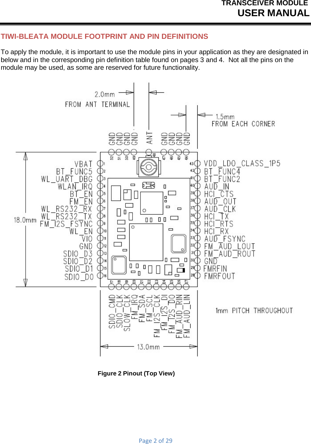 TRANSCEIVER MODULEUSER MANUALPage2of29 TIWI-BLEATA MODULE FOOTPRINT AND PIN DEFINITIONS To apply the module, it is important to use the module pins in your application as they are designated in below and in the corresponding pin definition table found on pages 3 and 4.  Not all the pins on the module may be used, as some are reserved for future functionality.  Figure 2 Pinout (Top View) 