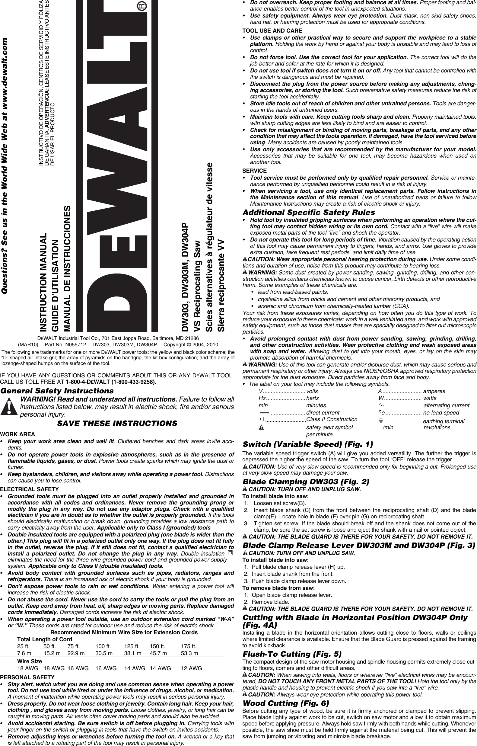 DeWalt DWE304 N055712 Man Recip Saw DW303 Etc NA User Manual To The
