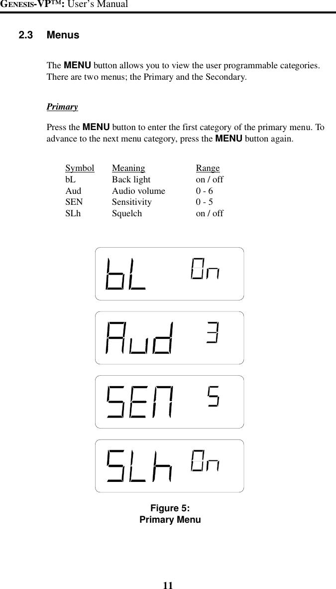 11GENESIS-VP&trade;: User&rsquo;s Manual2.3 MenusThe MENU button allows you to view the user programmable categories.There are two menus; the Primary and the Secondary.PrimaryPress the MENU button to enter the first category of the primary menu. Toadvance to the next menu category, press the MENU button again.Symbol Meaning RangebL Back light on / offAud Audio volume 0 - 6SEN Sensitivity 0 - 5SLh Squelch on / offFigure 5:Primary Menu