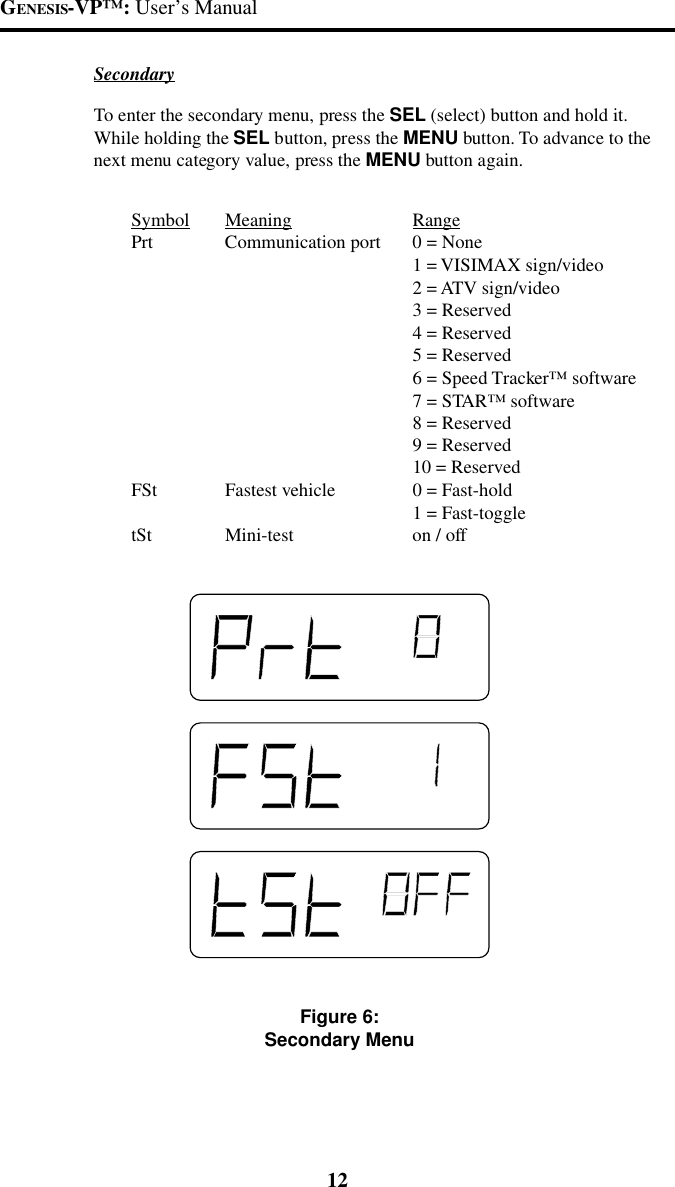 GENESIS-VP&trade;: User&rsquo;s Manual12SecondaryTo enter the secondary menu, press the SEL (select) button and hold it.While holding the SEL button, press the MENU button. To advance to thenext menu category value, press the MENU button again.Symbol Meaning RangePrt Communication port 0 = None1 = VISIMAX sign/video2 = ATV sign/video3 = Reserved4 = Reserved5 = Reserved6 = Speed Tracker&trade; software7 = STAR&trade; software8 = Reserved9 = Reserved10 = ReservedFSt Fastest vehicle 0 = Fast-hold1 = Fast-toggletSt Mini-test on / offFigure 6:Secondary Menu
