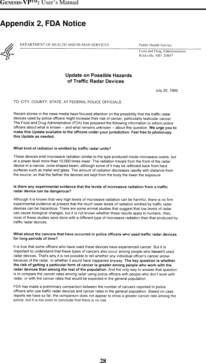 GENESIS-VP&trade;: User&rsquo;s Manual28Appendix 2, FDA Notice