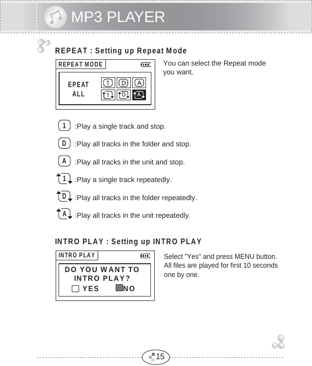 15INTRO PLAY : Setting up INTRO PLAYSelect &quot;Yes&quot; and press MENU button. All files are played for first 10 secondsone by one.REPEAT : Setting up Repeat ModeYou can select the Repeat modeyou want.MP3 PLAYEREPEATALLREPEAT MODEDAAD11:Play a single track and stop.:Play all tracks in the folder and stop.:Play all tracks in the unit and stop.:Play a single track repeatedly.:Play all tracks in the folder repeatedly.:Play all tracks in the unit repeatedly.INTRO PLAYDO YOU WANT TOINTRO PLAY?YES          NO