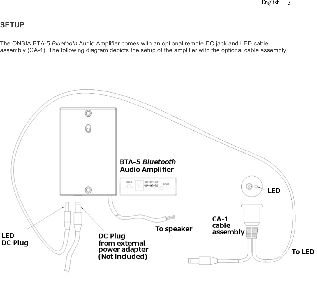 English   3  SETUP  The ONSIA BTA-5 Bluetooth Audio Amplifier comes with an optional remote DC jack and LED cable assembly (CA-1). The following diagram depicts the setup of the amplifier with the optional cable assembly.                         