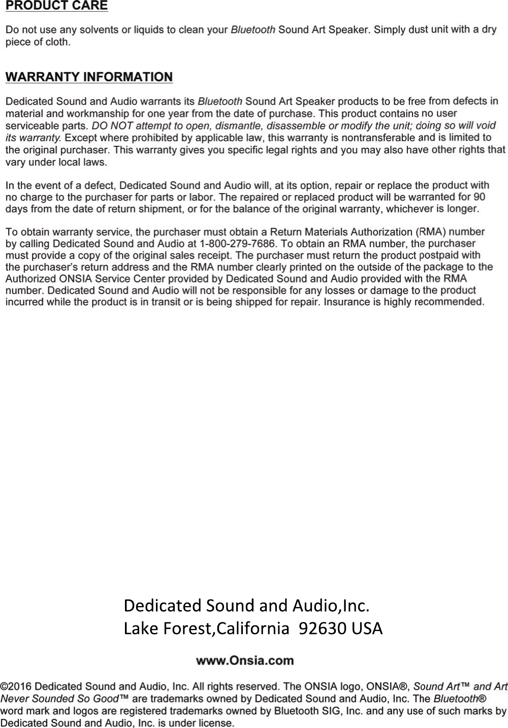 Dedicated Sound and Audio,Inc.Lake Forest,California  92630 USA