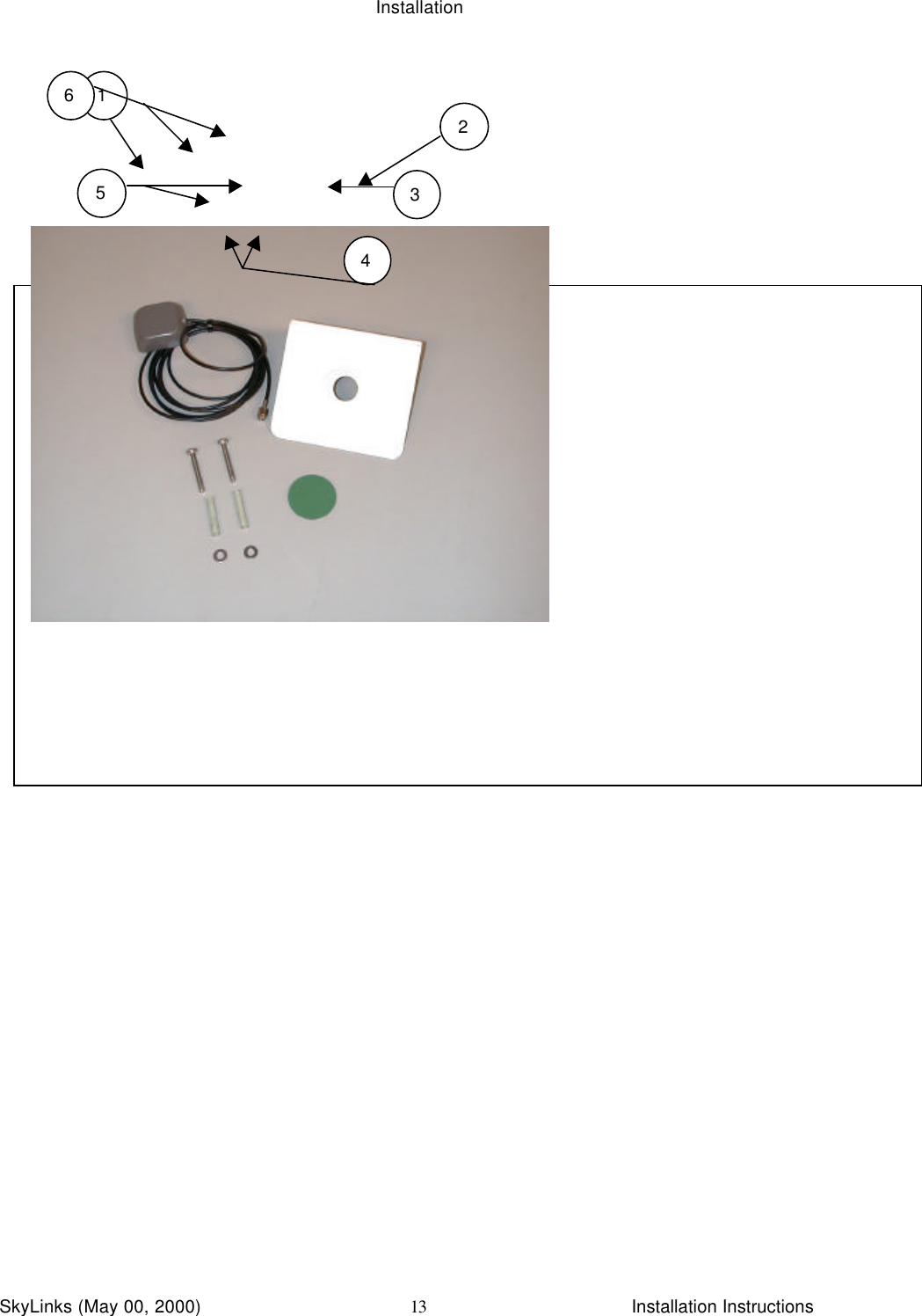 InstallationSkyLinks (May 00, 2000)                        Installation Instructions13  GPS ANT/BKT ASSY CLUBCAR P/N 950-0095  (Pre 2000)1. GPS Antenna (P/N 496-0002)2. GPS Bracket  (P/N 800-0246)3. Adhesive Pad (P/N 852-0006)4. Screws (2)     (P/N 812-0068)5. Washer (2)    (P/N 838-0033)6. Spacer (2)     (P/N 840-0111)123456