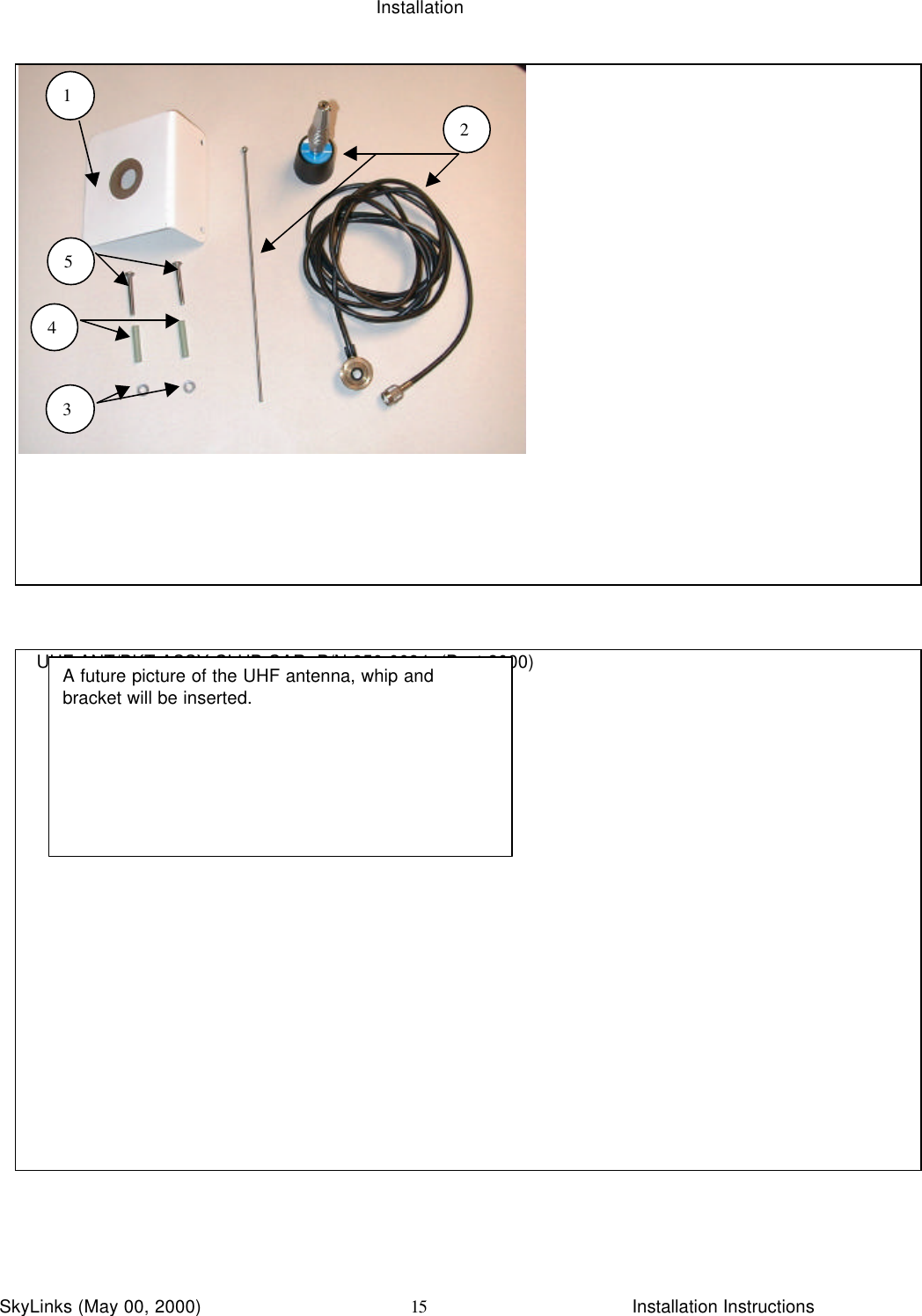 InstallationSkyLinks (May 00, 2000)                        Installation Instructions15  UHF ANT/BKT ASSY CLUB CAR  P/N 950-0094  (Post 2000)1. Antenna2. Antenna whip3. BracketA future picture of the UHF antenna, whip andbracket will be inserted.21543