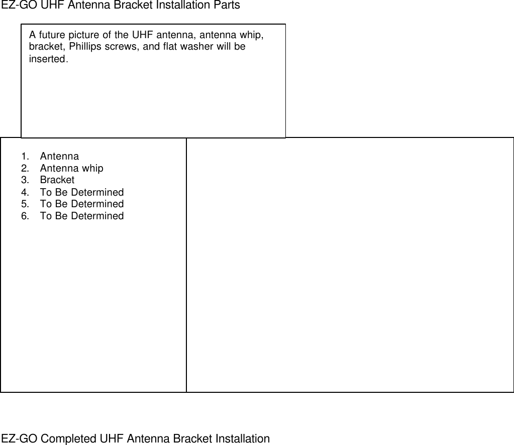 EZ-GO UHF Antenna Bracket Installation Parts1. Antenna2. Antenna whip3. Bracket4. To Be Determined5. To Be Determined6. To Be DeterminedEZ-GO Completed UHF Antenna Bracket InstallationA future picture of the UHF antenna, antenna whip,bracket, Phillips screws, and flat washer will beinserted.