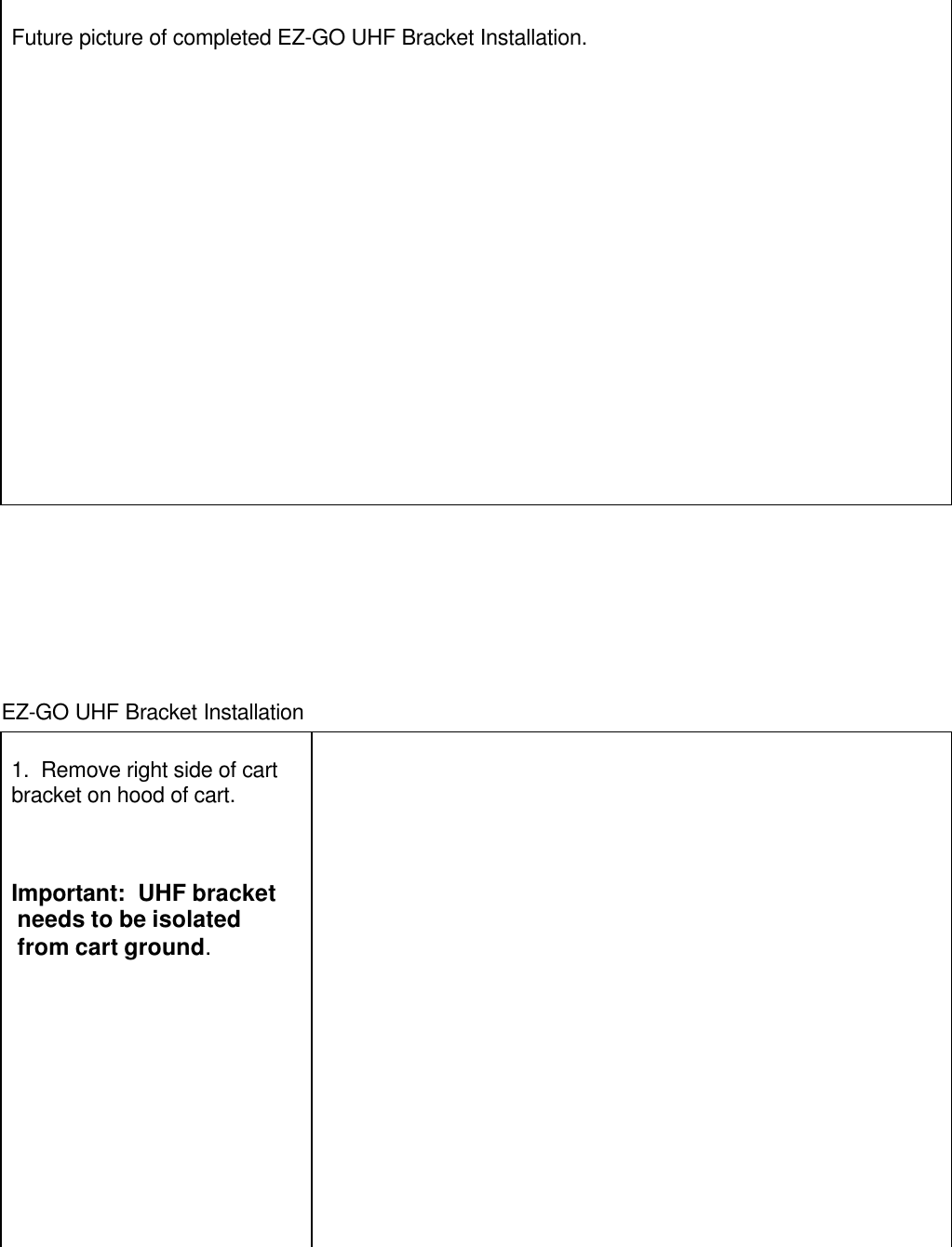 Future picture of completed EZ-GO UHF Bracket Installation.EZ-GO UHF Bracket Installation1.  Remove right side of cartbracket on hood of cart.Important:  UHF bracket needs to be isolated from cart ground.