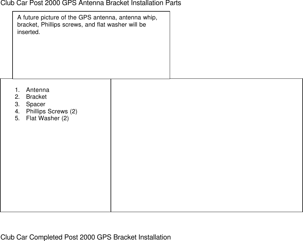 Club Car Post 2000 GPS Antenna Bracket Installation Parts1. Antenna2. Bracket3. Spacer4. Phillips Screws (2)5. Flat Washer (2)Club Car Completed Post 2000 GPS Bracket InstallationA future picture of the GPS antenna, antenna whip,bracket, Phillips screws, and flat washer will beinserted.
