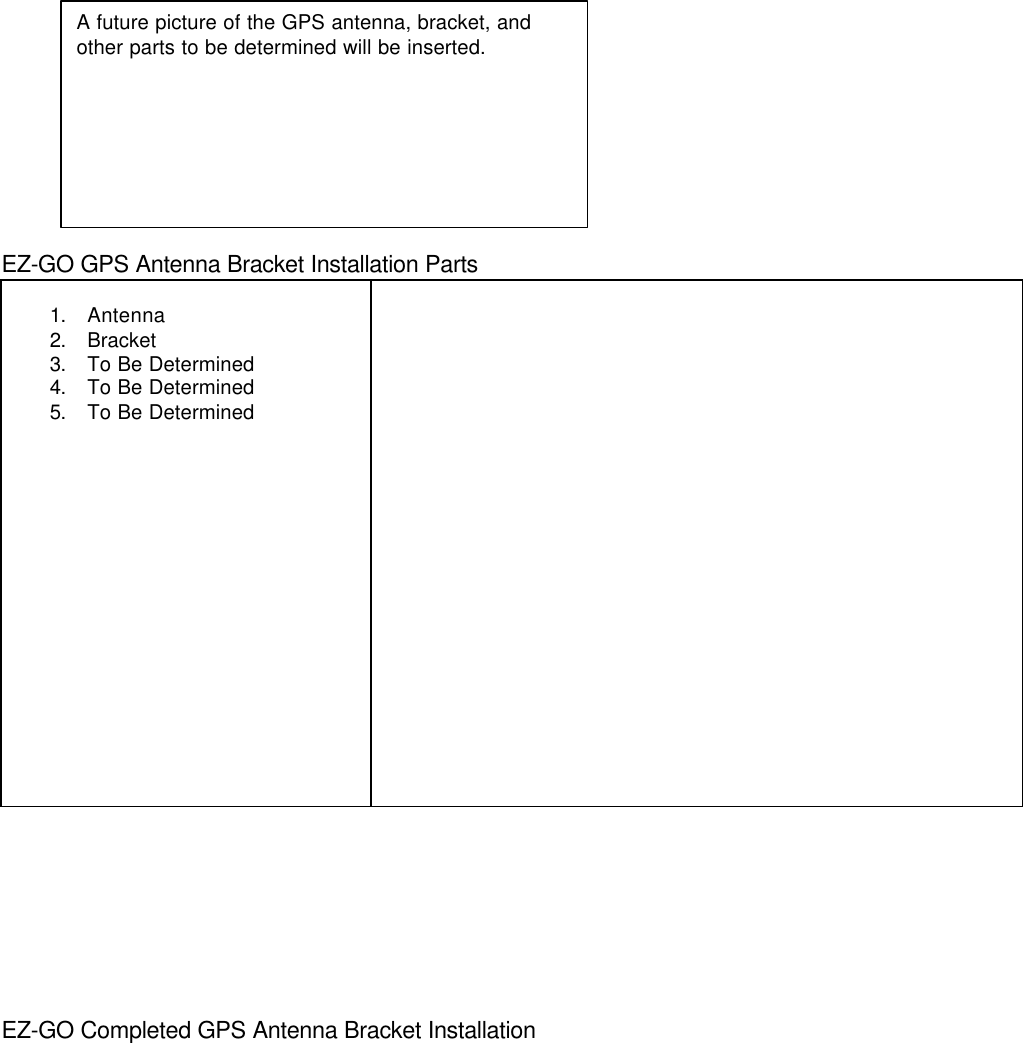 EZ-GO GPS Antenna Bracket Installation Parts1. Antenna2. Bracket3. To Be Determined4. To Be Determined5. To Be DeterminedEZ-GO Completed GPS Antenna Bracket InstallationA future picture of the GPS antenna, bracket, andother parts to be determined will be inserted.