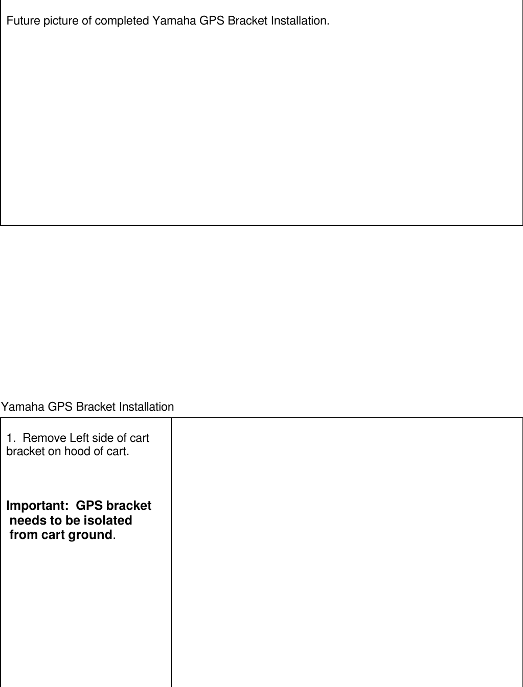 Future picture of completed Yamaha GPS Bracket Installation.Yamaha GPS Bracket Installation1.  Remove Left side of cartbracket on hood of cart.Important:  GPS bracket needs to be isolated from cart ground.