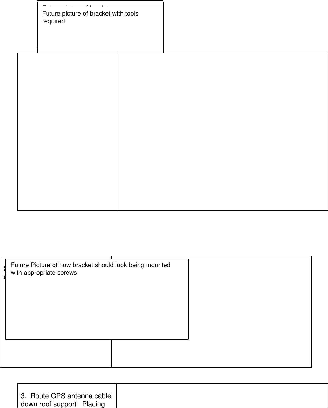 3.  Route GPS antenna cabledown roof support.  Placing2.  Mounting process to bedetermined.Future picture of bracketFuture picture of bracketFuture picture of bracket with toolsrequiredFuture Picture of how bracket should look being mountedwith appropriate screws.