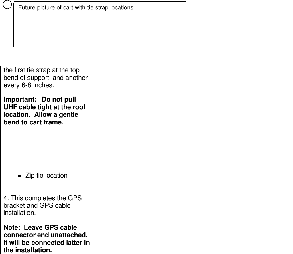 the first tie strap at the topbend of support, and anotherevery 6-8 inches.Important:   Do not pullUHF cable tight at the rooflocation.  Allow a gentlebend to cart frame.        =  Zip tie location4. This completes the GPSbracket and GPS cableinstallation.Note:  Leave GPS cableconnector end unattached.It will be connected latter inthe installation.Future picture of bracket with bend of UHF antenna.Future picture of cart with tie strap locations.