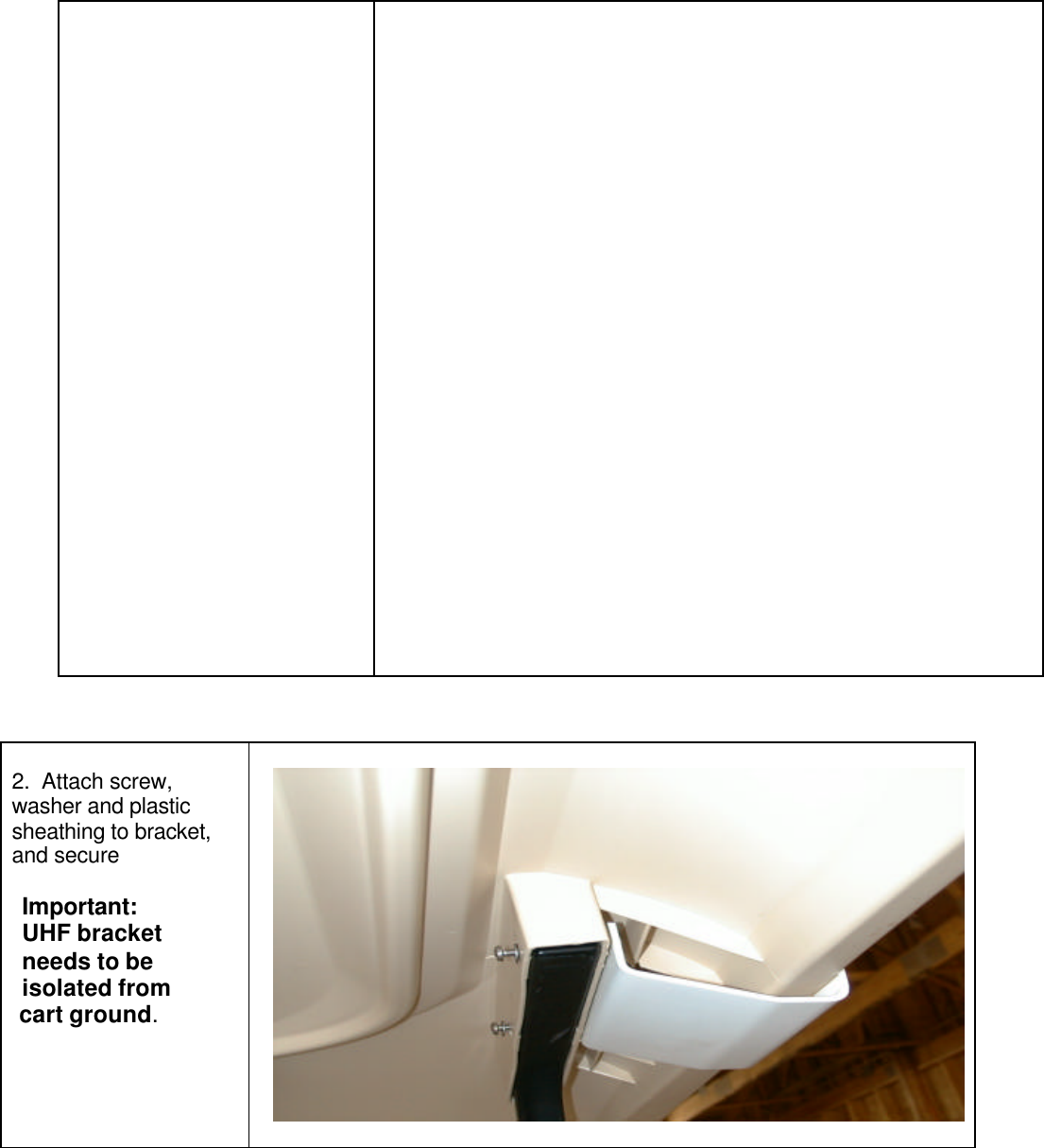 2.  Attach screw,washer and plasticsheathing to bracket,and secureImportant:UHF bracketneeds to beisolated from   cart ground.