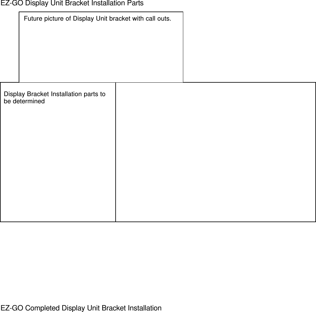EZ-GO Display Unit Bracket Installation PartsDisplay Bracket Installation parts tobe determinedEZ-GO Completed Display Unit Bracket InstallationFuture picture of Display Unit bracket with call outs.