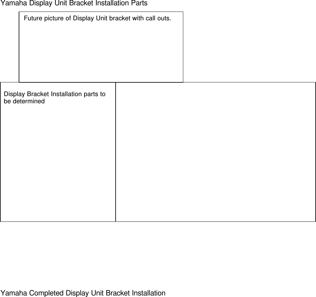 Yamaha Display Unit Bracket Installation PartsDisplay Bracket Installation parts tobe determinedYamaha Completed Display Unit Bracket InstallationFuture picture of Display Unit bracket with call outs.