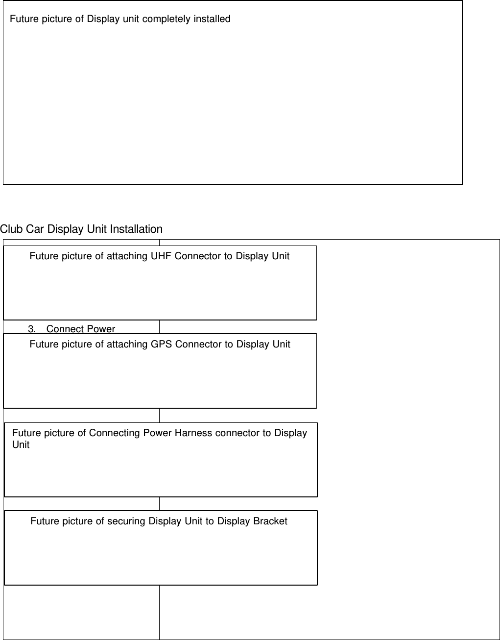 Future picture of Display unit completely installedClub Car Display Unit Installation1. Attach UHF Connectorto Display Unit2. Attach GPS Connectorto Display Unit3. Connect PowerHarness connector toDisplay Unit4. Secure Display Unit toDisplay BracketFuture picture of attaching UHF Connector to Display UnitFuture picture of attaching GPS Connector to Display UnitFuture picture of securing Display Unit to Display BracketFuture picture of Connecting Power Harness connector to DisplayUnit