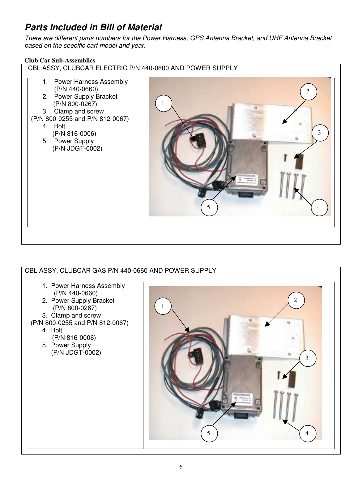  6 Parts Included in Bill of Material There are different parts numbers for the Power Harness, GPS Antenna Bracket, and UHF Antenna Bracket based on the specific cart model and year.   Club Car Sub-Assemblies CBL ASSY, CLUBCAR ELECTRIC P/N 440-0600 AND POWER SUPPLY  1. Power Harness Assembly              (P/N 440-0660) 2.  Power Supply Bracket       (P/N 800-0267) 3.  Clamp and screw (P/N 800-0255 and P/N 812-0067) 4. Bolt             (P/N 816-0006) 5. Power Supply             (P/N JDGT-0002)      CBL ASSY, CLUBCAR GAS P/N 440-0660 AND POWER SUPPLY   1.  Power Harness Assembly              (P/N 440-0660) 2.  Power Supply Bracket       (P/N 800-0267) 3.  Clamp and screw (P/N 800-0255 and P/N 812-0067) 4.  Bolt             (P/N 816-0006) 5.  Power Supply      (P/N JDGT-0002)     11  2 3 4 5 1 2 345 