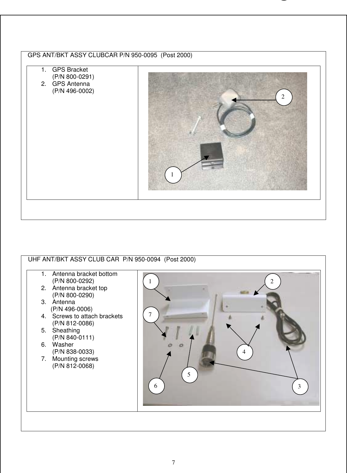  7      GPS ANT/BKT ASSY CLUBCAR P/N 950-0095  (Post 2000)                                              1. GPS Bracket (P/N 800-0291) 2. GPS Antenna (P/N 496-0002)                       UHF ANT/BKT ASSY CLUB CAR  P/N 950-0094  (Post 2000)  1.  Antenna bracket bottom (P/N 800-0292) 2.  Antenna bracket top (P/N 800-0290) 3. Antenna              (P/N 496-0006) 4.  Screws to attach brackets (P/N 812-0086) 5. Sheathing              (P/N 840-0111) 6. Washer              (P/N 838-0033) 7. Mounting screws              (P/N 812-0068)          1  2 3 4 56 712 