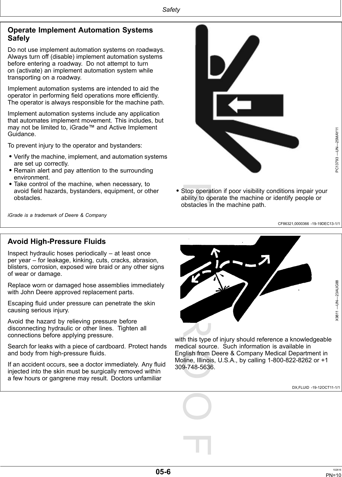 PROOFPROOFSafetyCF86321,0000366-19-19DEC13-1/1DX,FLUID-19-12OCT11-1/1OperateImplementAutomationSystemsSafelyDonotuseimplementautomationsystemsonroadways.Alwaysturnoff(disable)implementautomationsystemsbeforeenteringaroadway.Donotattempttoturnon(activate)animplementautomationsystemwhiletransportingonaroadway.Implementautomationsystemsareintendedtoaidtheoperatorinperformingfieldoperationsmoreefficiently.Theoperatorisalwaysresponsibleforthemachinepath.Implementautomationsystemsincludeanyapplicationthatautomatesimplementmovement.Thisincludes,butmaynotbelimitedto,iGrade™andActiveImplementGuidance.Topreventinjurytotheoperatorandbystanders:•Verifythemachine,implement,andautomationsystemsaresetupcorrectly.•Remainalertandpayattentiontothesurroundingenvironment.•Takecontrolofthemachine,whennecessary,toavoidfieldhazards,bystanders,equipment,orotherobstacles.PC13793—UN—25MAY11•Stopoperationifpoorvisibilityconditionsimpairyourabilitytooperatethemachineoridentifypeopleorobstaclesinthemachinepath.iGradeisatrademarkofDeere&amp;CompanyAvoidHigh-PressureFluidsInspecthydraulichosesperiodically–atleastonceperyear–forleakage,kinking,cuts,cracks,abrasion,blisters,corrosion,exposedwirebraidoranyothersignsofwearordamage.ReplacewornordamagedhoseassembliesimmediatelywithJohnDeereapprovedreplacementparts.Escapingfluidunderpressurecanpenetratetheskincausingseriousinjury.Avoidthehazardbyrelievingpressurebeforedisconnectinghydraulicorotherlines.Tightenallconnectionsbeforeapplyingpressure.Searchforleakswithapieceofcardboard.Protecthandsandbodyfromhigh-pressurefluids.Ifanaccidentoccurs,seeadoctorimmediately.Anyfluidinjectedintotheskinmustbesurgicallyremovedwithinafewhoursorgangrenemayresult.DoctorsunfamiliarX9811—UN—23AUG88withthistypeofinjuryshouldreferenceaknowledgeablemedicalsource.SuchinformationisavailableinEnglishfromDeere&amp;CompanyMedicalDepartmentinMoline,Illinois,U.S.A.,bycalling1-800-822-8262or+1309-748-5636.05-6102616PN=10