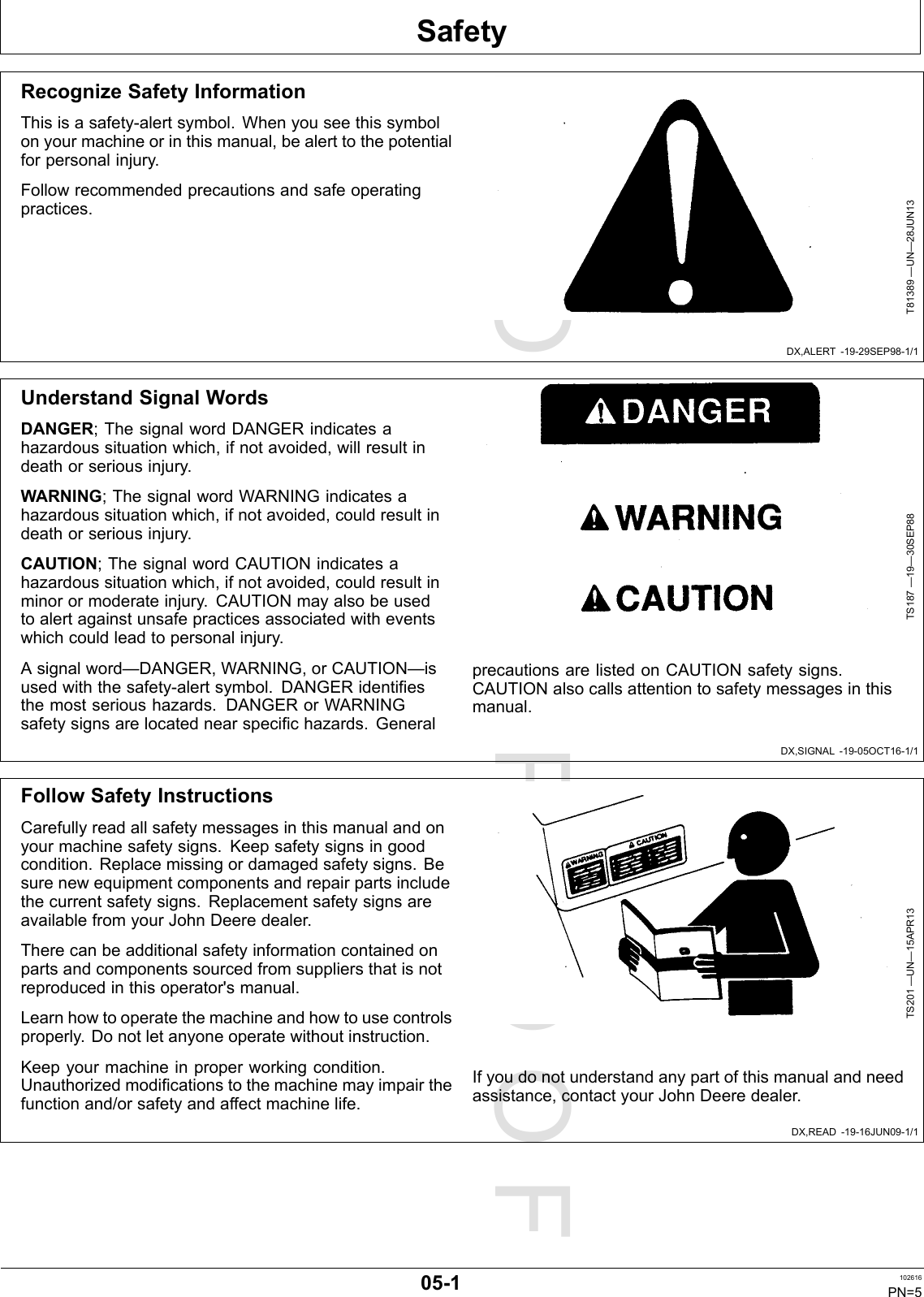 PROOFPROOFSafetyDX,ALERT-19-29SEP98-1/1DX,SIGNAL-19-05OCT16-1/1DX,READ-19-16JUN09-1/1RecognizeSafetyInformationThisisasafety-alertsymbol.Whenyouseethissymbolonyourmachineorinthismanual,bealerttothepotentialforpersonalinjury.Followrecommendedprecautionsandsafeoperatingpractices.T81389—UN—28JUN13UnderstandSignalWordsDANGER;ThesignalwordDANGERindicatesahazardoussituationwhich,ifnotavoided,willresultindeathorseriousinjury.WARNING;ThesignalwordWARNINGindicatesahazardoussituationwhich,ifnotavoided,couldresultindeathorseriousinjury.CAUTION;ThesignalwordCAUTIONindicatesahazardoussituationwhich,ifnotavoided,couldresultinminorormoderateinjury.CAUTIONmayalsobeusedtoalertagainstunsafepracticesassociatedwitheventswhichcouldleadtopersonalinjury.Asignalword—DANGER,WARNING,orCAUTION—isusedwiththesafety-alertsymbol.DANGERidentifiesthemostserioushazards.DANGERorWARNINGsafetysignsarelocatednearspecifichazards.GeneralTS187—19—30SEP88precautionsarelistedonCAUTIONsafetysigns.CAUTIONalsocallsattentiontosafetymessagesinthismanual.FollowSafetyInstructionsCarefullyreadallsafetymessagesinthismanualandonyourmachinesafetysigns.Keepsafetysignsingoodcondition.Replacemissingordamagedsafetysigns.Besurenewequipmentcomponentsandrepairpartsincludethecurrentsafetysigns.ReplacementsafetysignsareavailablefromyourJohnDeeredealer.Therecanbeadditionalsafetyinformationcontainedonpartsandcomponentssourcedfromsuppliersthatisnotreproducedinthisoperator&apos;smanual.Learnhowtooperatethemachineandhowtousecontrolsproperly.Donotletanyoneoperatewithoutinstruction.Keepyourmachineinproperworkingcondition.Unauthorizedmodificationstothemachinemayimpairthefunctionand/orsafetyandaffectmachinelife.TS201—UN—15APR13Ifyoudonotunderstandanypartofthismanualandneedassistance,contactyourJohnDeeredealer.05-1102616PN=5