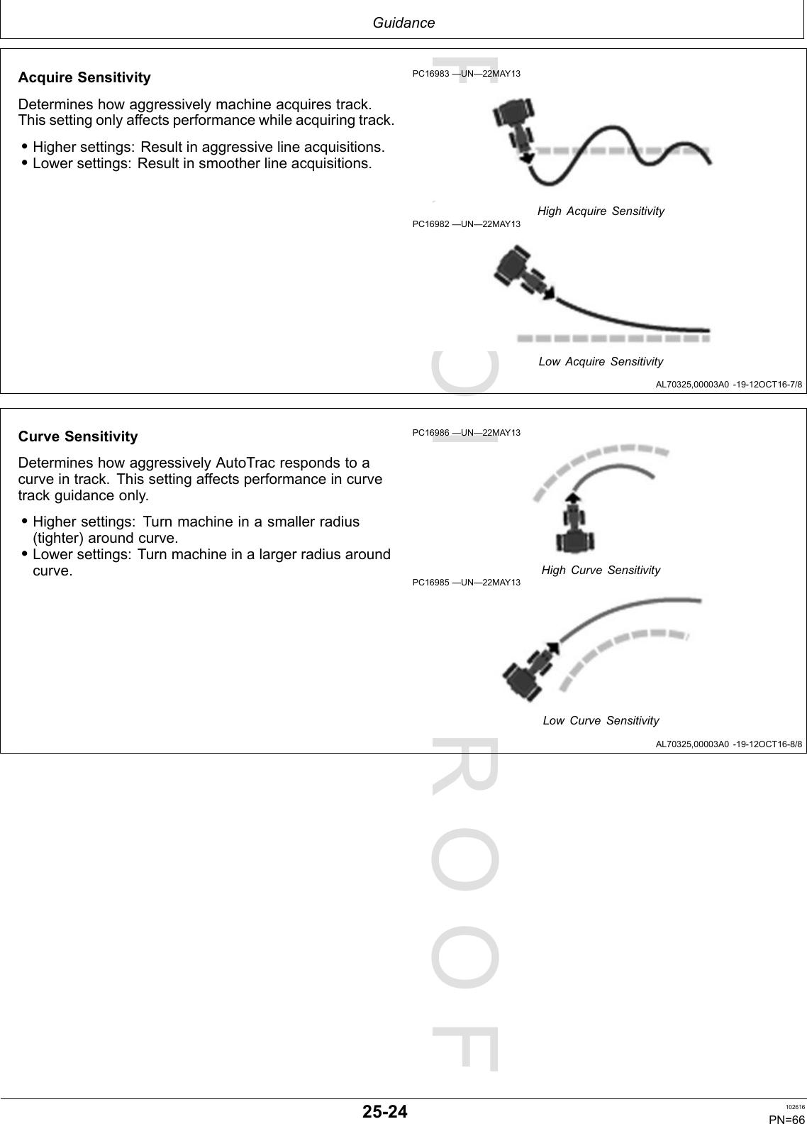 PROOFPROOFGuidanceAL70325,00003A0-19-12OCT16-7/8AL70325,00003A0-19-12OCT16-8/8AcquireSensitivityDetermineshowaggressivelymachineacquirestrack.Thissettingonlyaffectsperformancewhileacquiringtrack.•Highersettings:Resultinaggressivelineacquisitions.•Lowersettings:Resultinsmootherlineacquisitions.PC16983—UN—22MAY13HighAcquireSensitivityPC16982—UN—22MAY13LowAcquireSensitivityCurveSensitivityDetermineshowaggressivelyAutoTracrespondstoacurveintrack.Thissettingaffectsperformanceincurvetrackguidanceonly.•Highersettings:Turnmachineinasmallerradius(tighter)aroundcurve.•Lowersettings:Turnmachineinalargerradiusaroundcurve.PC16986—UN—22MAY13HighCurveSensitivityPC16985—UN—22MAY13LowCurveSensitivity25-24102616PN=66