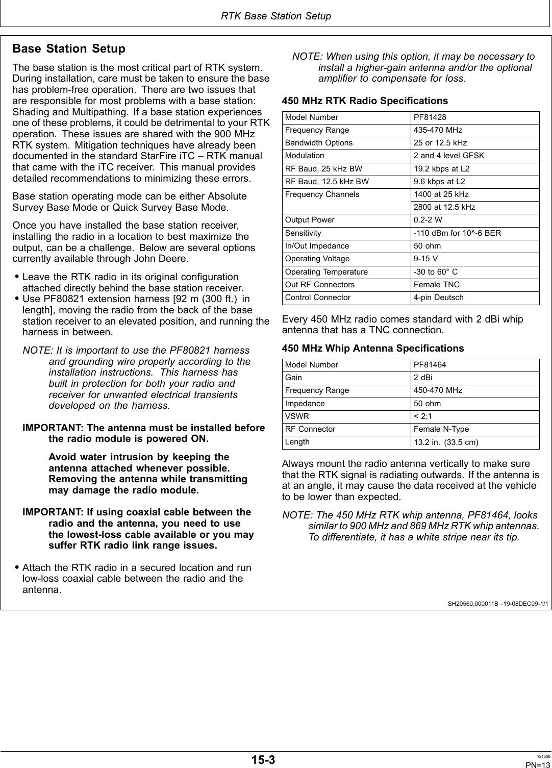 RTK Base Station SetupSH20560,000011B 1908DEC091/1Base Station SetupThe base station is the most critical part of RTK system.During installation, care must be taken to ensure the basehas problemfree operation. There are two issues thatare responsible for most problems with a base station:Shading and Multipathing. If a base station experiencesone of these problems, it could be detrimental to your RTKoperation. These issues are shared with the 900 MHzRTK system. Mitigation techniques have already beendocumented in the standard StarFire iTC – RTK manualthat came with the iTC receiver. This manual providesdetailed recommendations to minimizing these errors.Base station operating mode can be either AbsoluteSurvey Base Mode or Quick Survey Base Mode.Once you have installed the base station receiver,installing the radio in a location to best maximize theoutput, can be a challenge. Below are several optionscurrently available through John Deere.•Leave the RTK radio in its original configurationattached directly behind the base station receiver.•Use PF80821 extension harness [92 m (300 ft.) inlength], moving the radio from the back of the basestation receiver to an elevated position, and running theharness in between.NOTE: It is important to use the PF80821 harnessand grounding wire properly according to theinstallation instructions. This harness hasbuilt in protection for both your radio andreceiver for unwanted electrical transientsdeveloped on the harness.IMPORTANT: The antenna must be installed beforethe radio module is powered ON.Avoid water intrusion by keeping theantenna attached whenever possible.Removing the antenna while transmittingmay damage the radio module.IMPORTANT: If using coaxial cable between theradio and the antenna, you need to usethe lowestloss cable available or you maysuffer RTK radio link range issues.•Attach the RTK radio in a secured location and runlowloss coaxial cable between the radio and theantenna.NOTE: When using this option, it may be necessary toinstall a highergain antenna and/or the optionalamplifier to compensate for loss.450 MHz RTK Radio SpecificationsModel Number PF81428Frequency Range 435470 MHzBandwidth Options 25 or 12.5 kHzModulation 2 and 4 level GFSKRF Baud, 25 kHz BW 19.2 kbps at L2RF Baud, 12.5 kHz BW 9.6 kbps at L21400 at 25 kHzFrequency Channels2800 at 12.5 kHzOutput Power 0.22 WSensitivity 110 dBm for 10^6 BERIn/Out Impedance 50 ohmOperating Voltage 915 VOperating Temperature 30 to 60° COut RF Connectors Female TNCControl Connector 4pin DeutschEvery 450 MHz radio comes standard with 2 dBi whipantenna that has a TNC connection.450 MHz Whip Antenna SpecificationsModel Number PF81464Gain 2 dBiFrequency Range 450470 MHzImpedance 50 ohmVSWR &lt; 2:1RF Connector Female NTypeLength 13.2 in. (33.5 cm)Always mount the radio antenna vertically to make surethat the RTK signal is radiating outwards. If the antenna isat an angle, it may cause the data received at the vehicleto be lower than expected.NOTE: The 450 MHz RTK whip antenna, PF81464, lookssimilar to 900 MHz and 869 MHz RTK whip antennas.To differentiate, it has a white stripe near its tip.153 121509PN=13