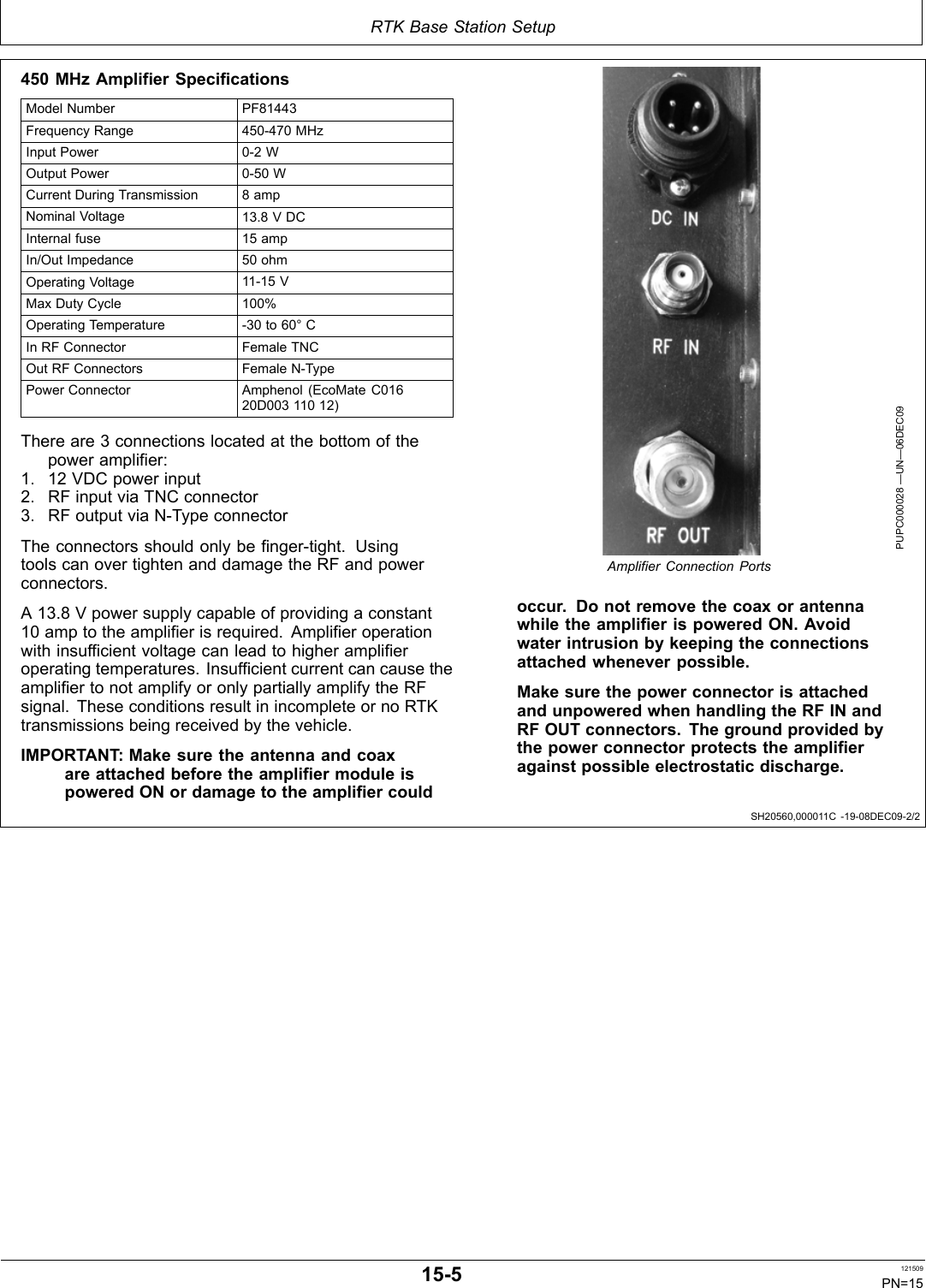 RTK Base Station SetupSH20560,000011C 1908DEC092/2450 MHz Amplifier SpecificationsModel Number PF81443Frequency Range 450470 MHzInput Power 02 WOutput Power 050 WCurrent During Transmission 8 ampNominal Voltage 13.8 V DCInternal fuse 15 ampIn/Out Impedance 50 ohmOperating Voltage 1115 VMax Duty Cycle 100%Operating Temperature 30 to 60° CIn RF Connector Female TNCOut RF Connectors Female NTypePower Connector Amphenol (EcoMate C01620D003 110 12)There are 3 connections located at the bottom of thepower amplifier:1. 12 VDC power input2. RF input via TNC connector3. RF output via NType connectorThe connectors should only be fingertight. Usingtools can over tighten and damage the RF and powerconnectors.A 13.8 V power supply capable of providing a constant10 amp to the amplifier is required. Amplifier operationwith insufficient voltage can lead to higher amplifieroperating temperatures. Insufficient current can cause theamplifier to not amplify or only partially amplify the RFsignal. These conditions result in incomplete or no RTKtransmissions being received by the vehicle.IMPORTANT: Make sure the antenna and coaxare attached before the amplifier module ispowered ON or damage to the amplifier couldPUPC000028 —UN—06DEC09Amplifier Connection Portsoccur. Do not remove the coax or antennawhile the amplifier is powered ON. Avoidwater intrusion by keeping the connectionsattached whenever possible.Make sure the power connector is attachedand unpowered when handling the RF IN andRF OUT connectors. The ground provided bythe power connector protects the amplifieragainst possible electrostatic discharge.155 121509PN=15