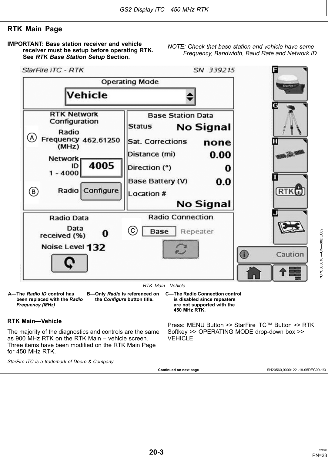 GS2 Display iTC—450 MHz RTKContinued on next page SH20560,0000122 1905DEC091/3RTK Main PageIMPORTANT: Base station receiver and vehiclereceiver must be setup before operating RTK.See RTK Base Station Setup Section.NOTE: Check that base station and vehicle have sameFrequency, Bandwidth, Baud Rate and Network ID.PUPC000016 —UN—08DEC09RTK Main—VehicleA—The Radio ID control hasbeen replaced with the RadioFrequency (MHz)B—Only Radio is referenced onthe Configure button title.C—The Radio Connection controlis disabled since repeatersare not supported with the450 MHz RTK.RTK Main—VehicleThe majority of the diagnostics and controls are the sameas 900 MHz RTK on the RTK Main – vehicle screen.Three items have been modified on the RTK Main Pagefor 450 MHz RTK.Press: MENU Button &gt;&gt; StarFire iTC™ Button &gt;&gt; RTKSoftkey &gt;&gt; OPERATING MODE dropdown box &gt;&gt;VEHICLEStarFire iTC is a trademark of Deere &amp; Company203 121509PN=23