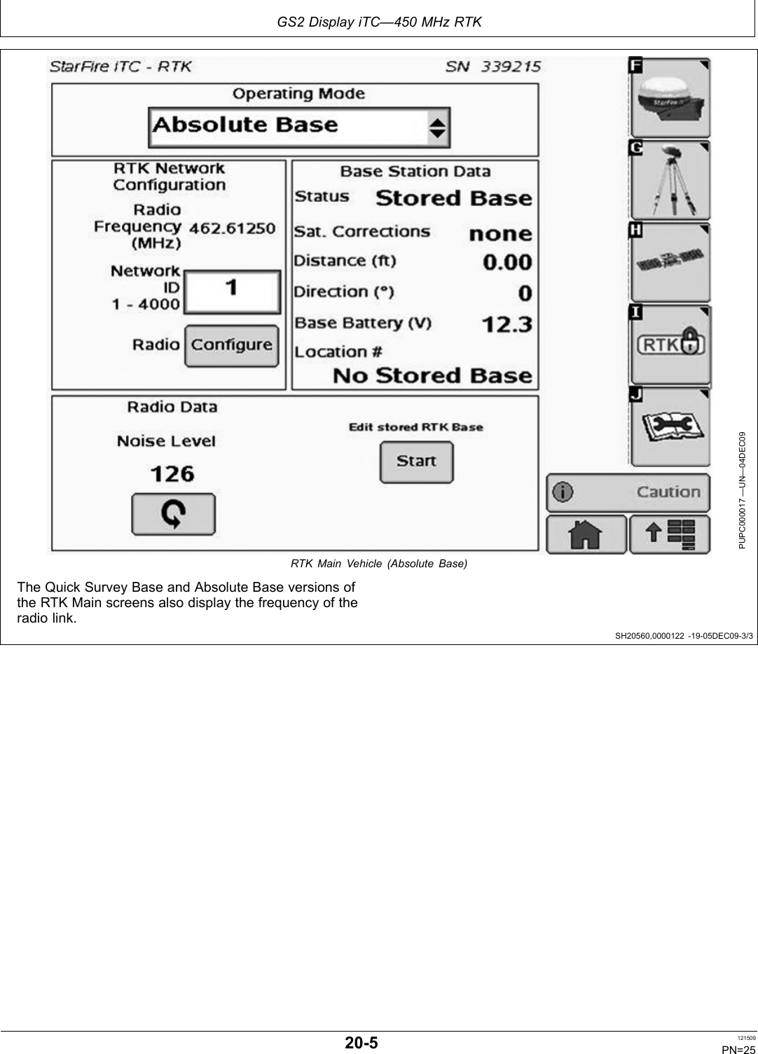 GS2 Display iTC—450 MHz RTKSH20560,0000122 1905DEC093/3PUPC000017 —UN—04DEC09RTK Main Vehicle (Absolute Base)The Quick Survey Base and Absolute Base versions ofthe RTK Main screens also display the frequency of theradio link.205 121509PN=25