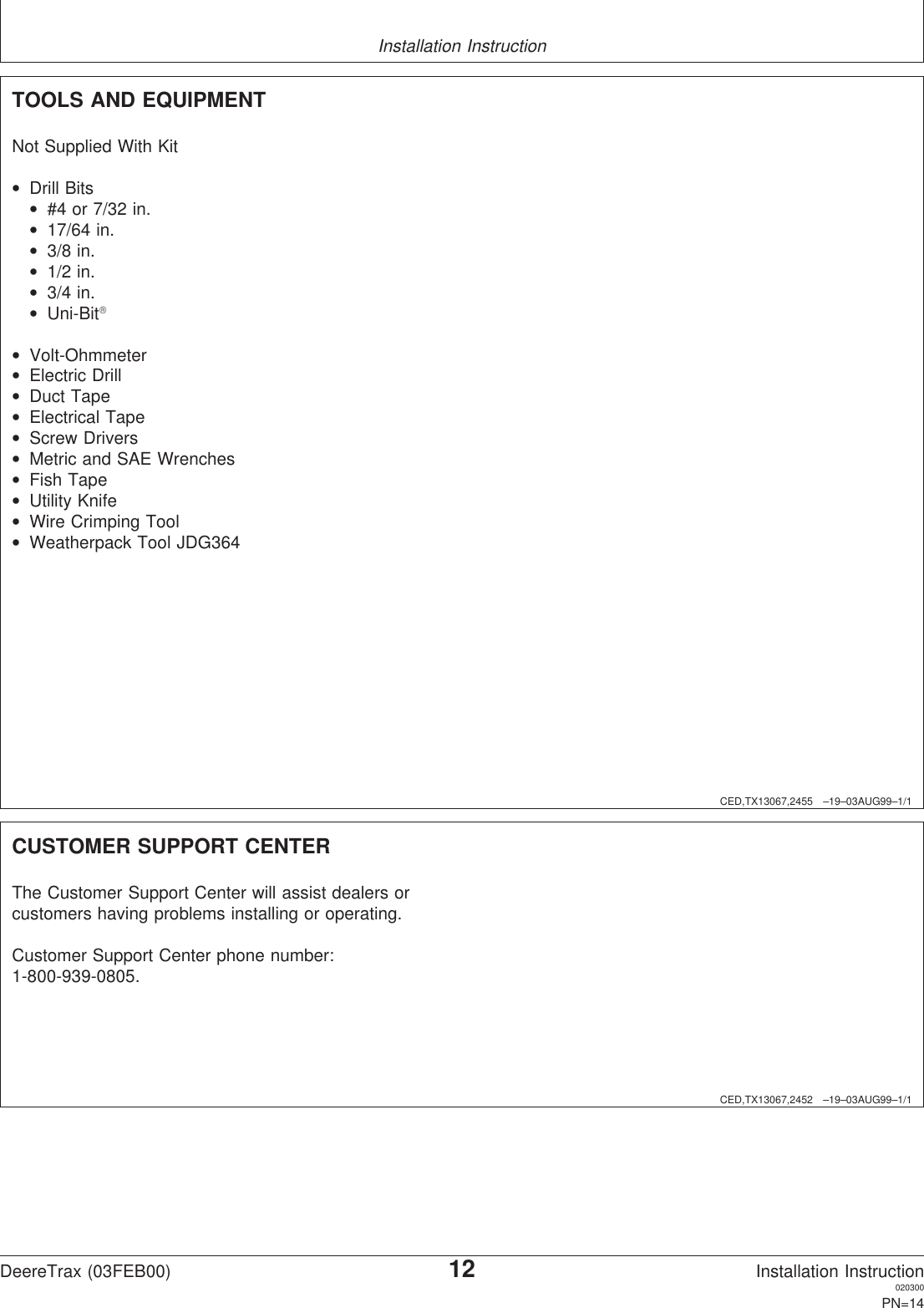 Installation InstructionCED,TX13067,2455 –19–03AUG99–1/1TOOLS AND EQUIPMENTNot Supplied With Kit•Drill Bits•#4 or 7/32 in.•17/64 in.•3/8 in.•1/2 in.•3/4 in.•Uni-Bit•Volt-Ohmmeter•Electric Drill•Duct Tape•Electrical Tape•Screw Drivers•Metric and SAE Wrenches•Fish Tape•Utility Knife•Wire Crimping Tool•Weatherpack Tool JDG364CED,TX13067,2452 –19–03AUG99–1/1CUSTOMER SUPPORT CENTERThe Customer Support Center will assist dealers orcustomers having problems installing or operating.Customer Support Center phone number:1-800-939-0805.DeereTrax (03FEB00)12Installation Instruction020300PN=14